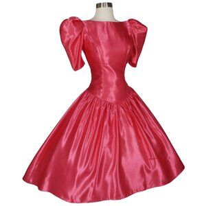 Vintage 80s Pink Satin Puff Sleeve BOW Full Skirt Full Skirt Prom Party Dress S